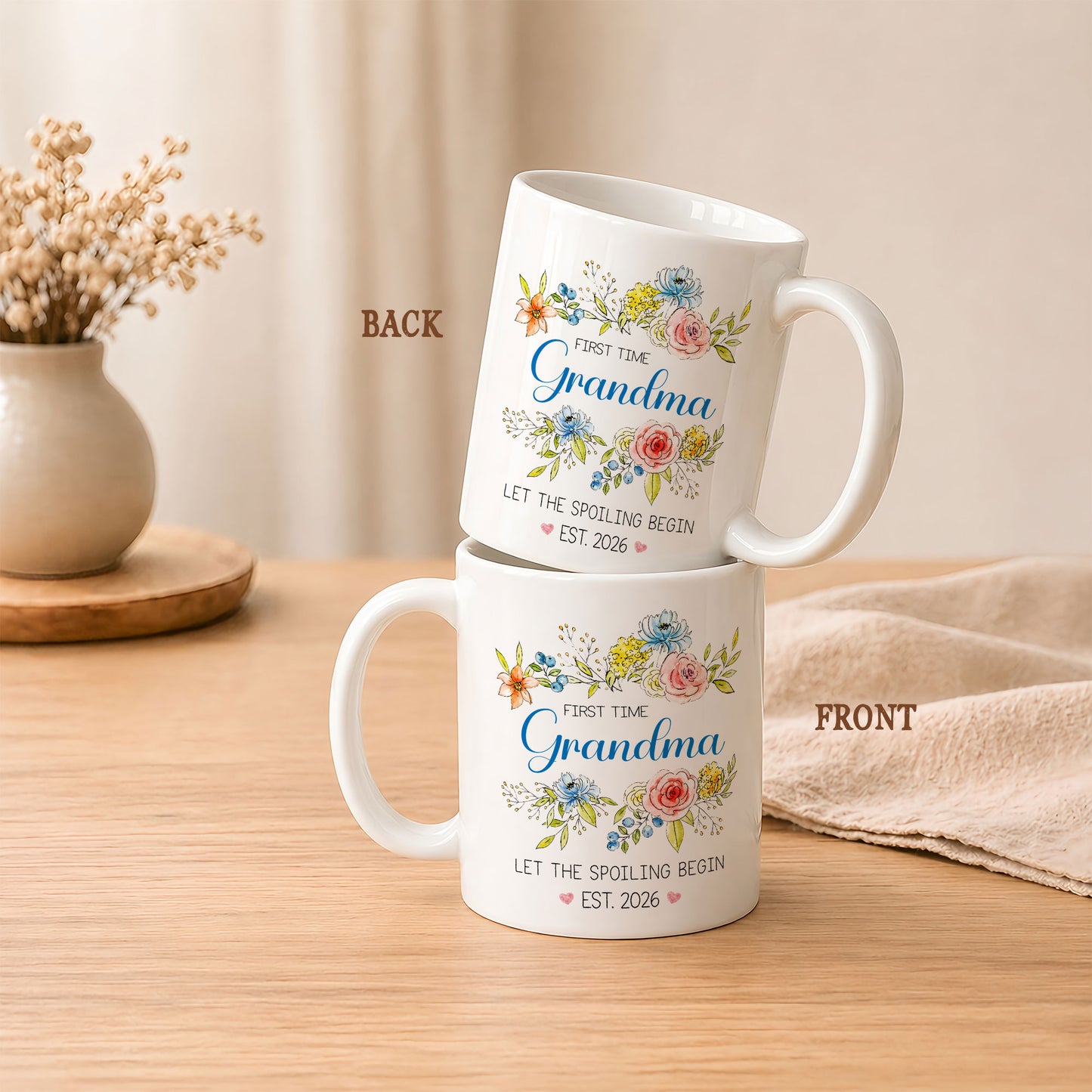 Personalized First Time Grandma Mug – Let The Spoiling Begin Coffee Mug, New Grandma Gift Est 2026