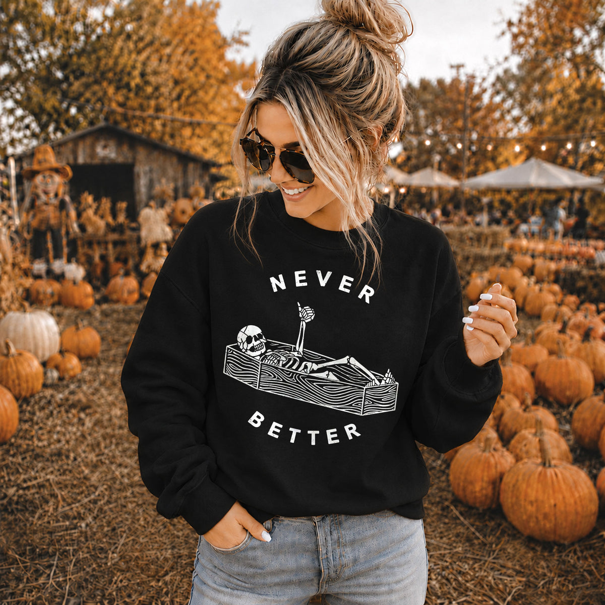 Funny Skeleton Coffee Halloween Sweatshirt, Never Better Graphic, Halloween Gift