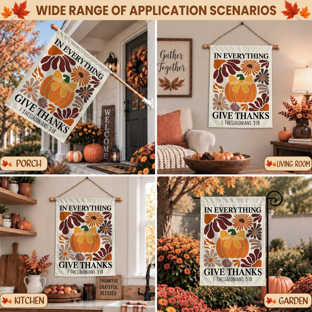 Give Thanks Fall Garden Flag, Rustic Cross Pumpkin Thanksgiving Yard Flag, Autumn Outdoor Decor