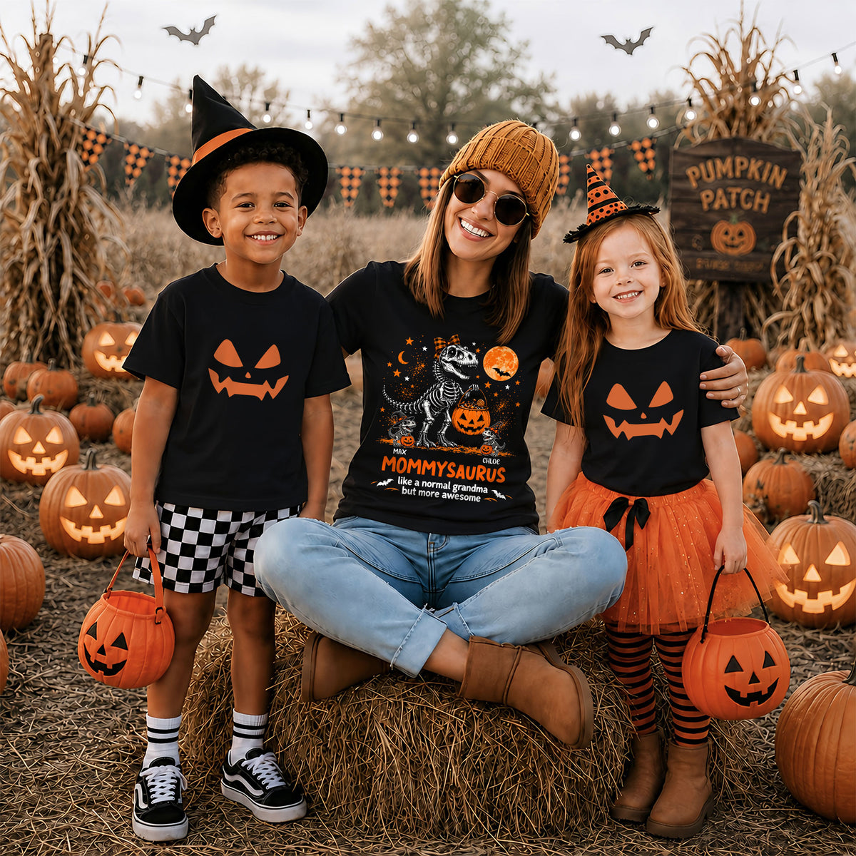Personalized Grandmasaurus Halloween T-Shirt, Custom Grandkids Names Dinosaur Family Shirt, Spooky Pumpkin Grandma Tee