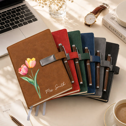 Personalized Leather Notebook Set with Custom Name, Floral Journal Gift Set with Pen for Women, Teacher, Student, Office