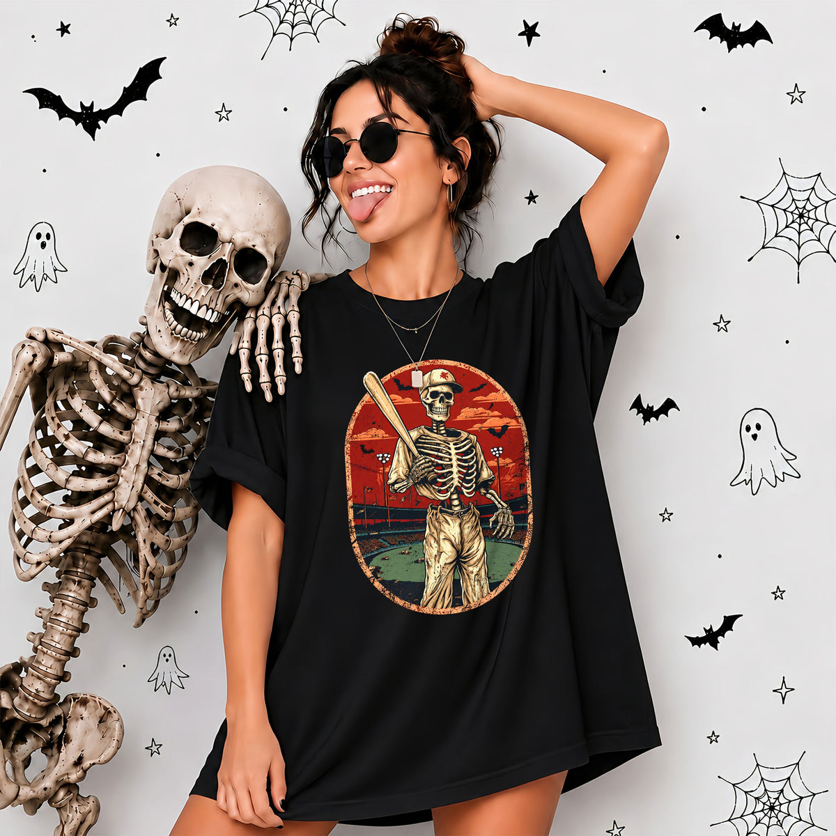 Baseball Skeleton Graphic Halloween Sweatshirt, Spooky Baseball Player Shirt, Funny Halloween Gift