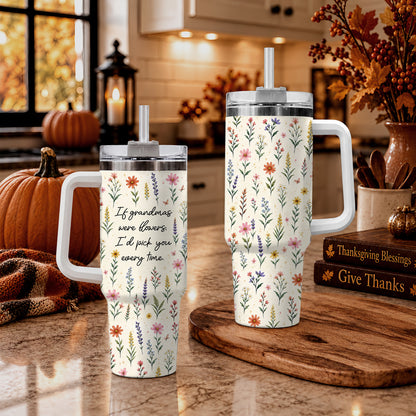 Personalized Thanksgiving Tumbler 40oz with Handle, Floral Fall Design, Gift For Grandma