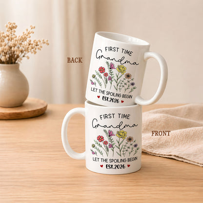 Personalized First Time Grandma Mug – Let The Spoiling Begin Coffee Mug, New Grandma Gift Est 2026