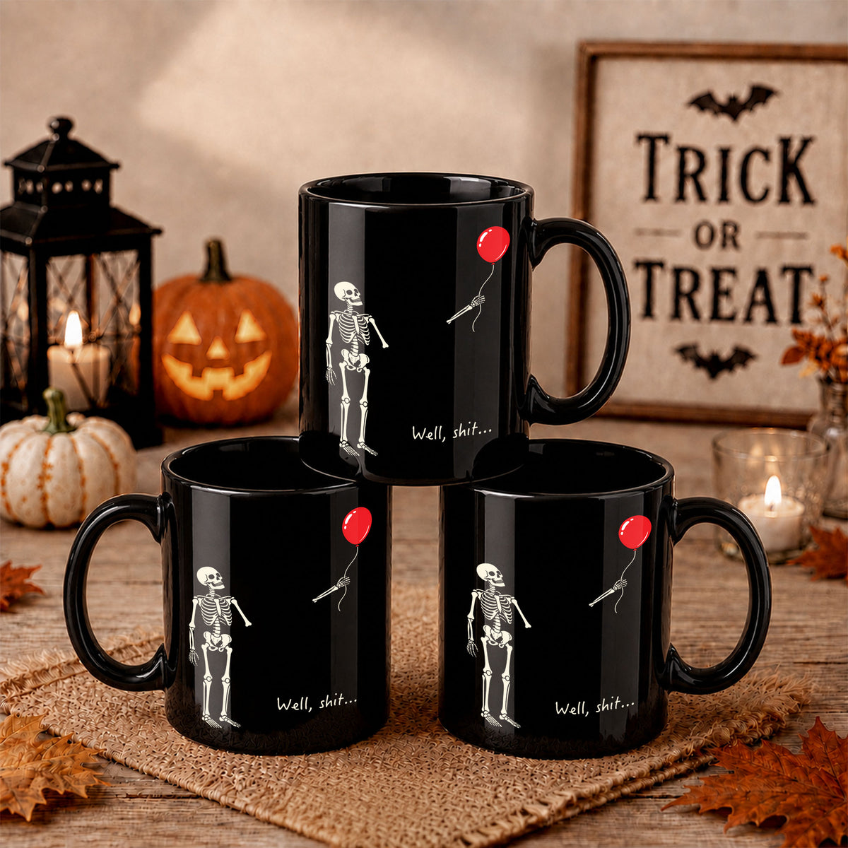 Skeleton Holding Red Balloon Halloween Mug, Funny Spooky Coffee Mug, Halloween Gift