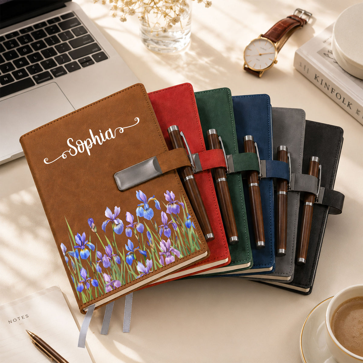 Personalized Floral Journal Gift Set - Custom Name Birth Month Flower Leather Notebook with Pen - Birthday Gift for Women, Friends