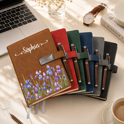 Personalized Floral Journal Gift Set - Custom Name Birth Month Flower Leather Notebook with Pen - Birthday Gift for Women, Friends