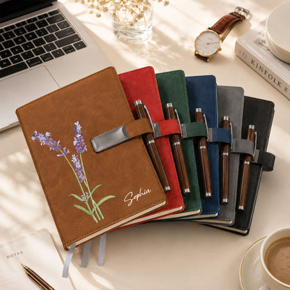 Personalized Leather Notebook Set with Custom Name, Floral Journal Gift Set with Pen for Women, Teacher, Student, Office