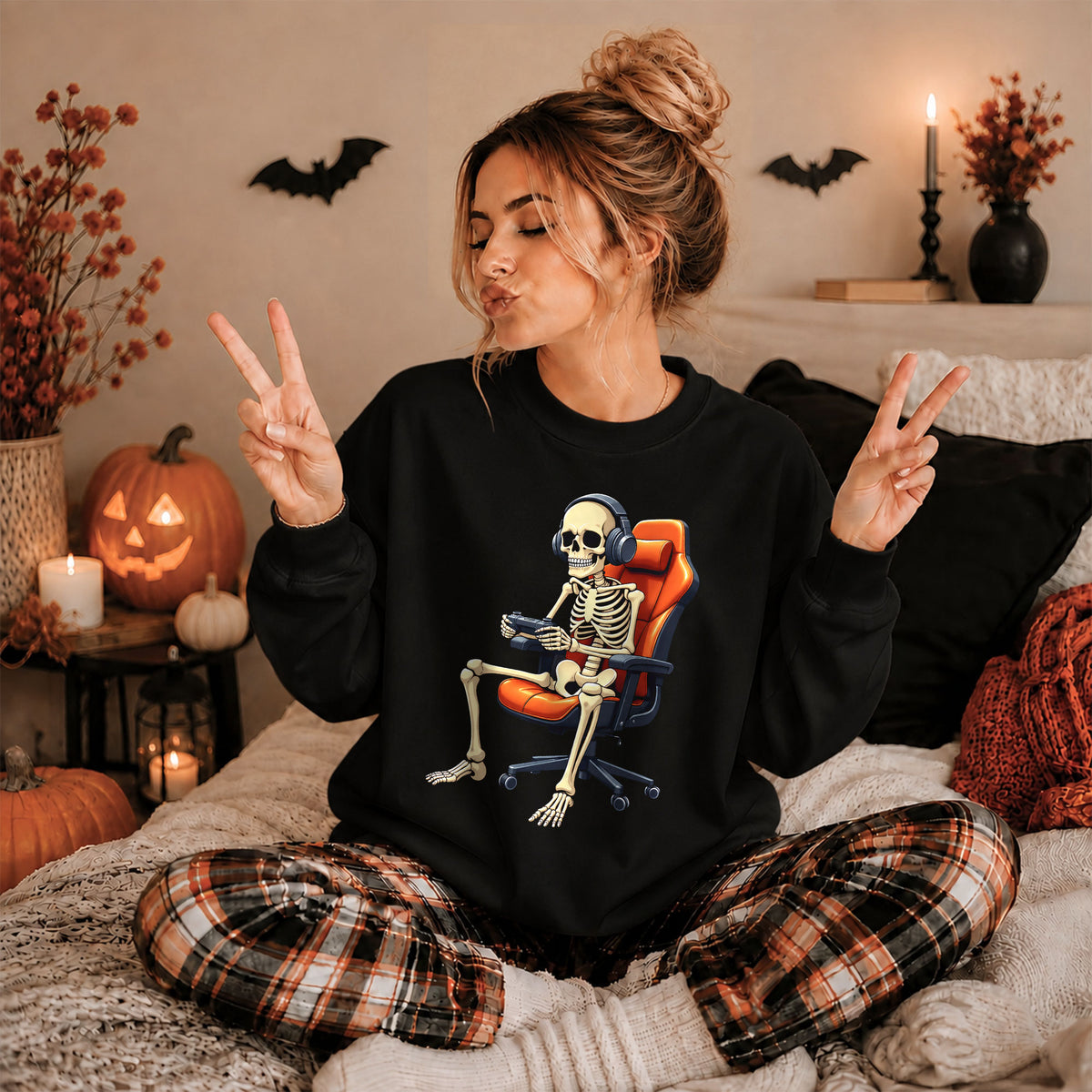 Skeleton Gamer Halloween Sweatshirt, Boys Pumpkin Gaming Shirt, Funny Halloween Gift