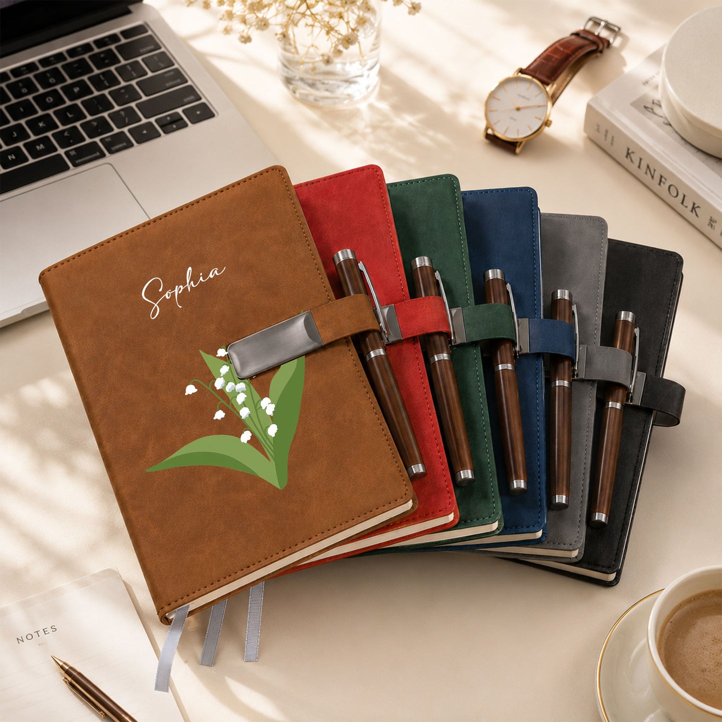 Personalized Leather Notebook Set with Custom Name, Floral Journal Gift Set with Pen for Women, Teacher, Student, Office