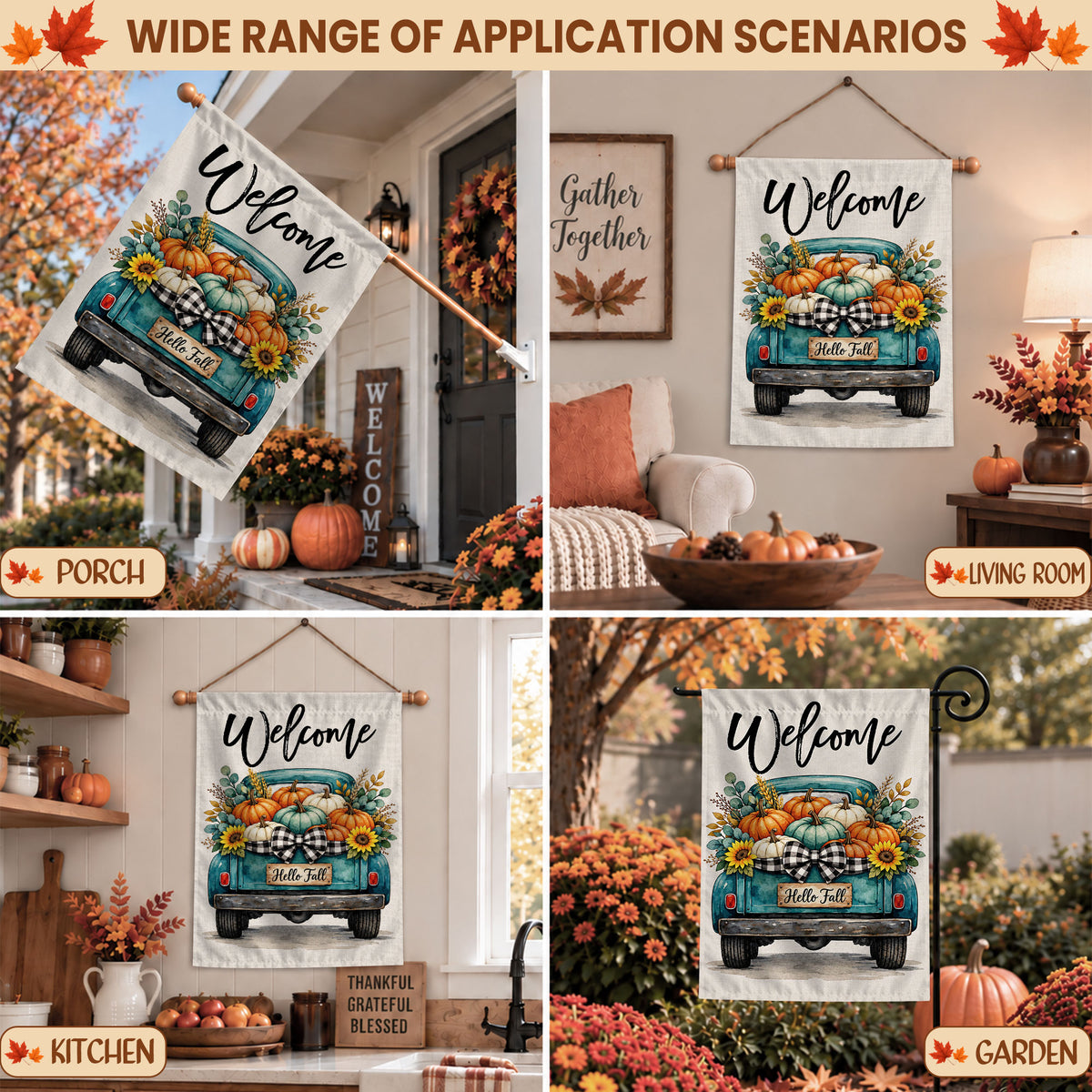 Hello Fall Garden Flag, Welcome Truck Happy Fall Ya'll Floral Pumpkin Outdoor Decor Gift For Family