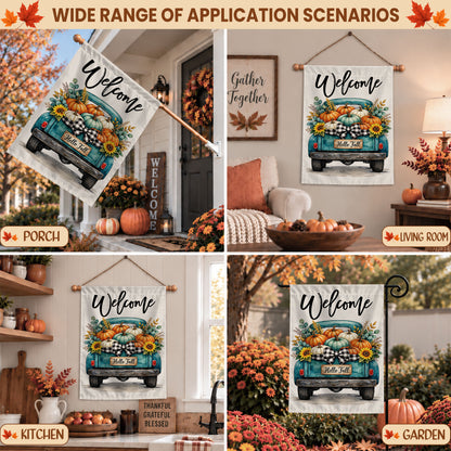 Hello Fall Garden Flag, Welcome Truck Happy Fall Ya'll Floral Pumpkin Outdoor Decor Gift For Family