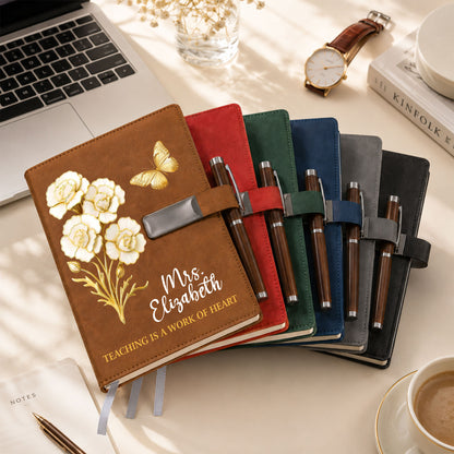 White & Gold Birth Month Flower Teacher Journal - Custom Name Leather Notebook Gift Set - Teacher Appreciation Gift