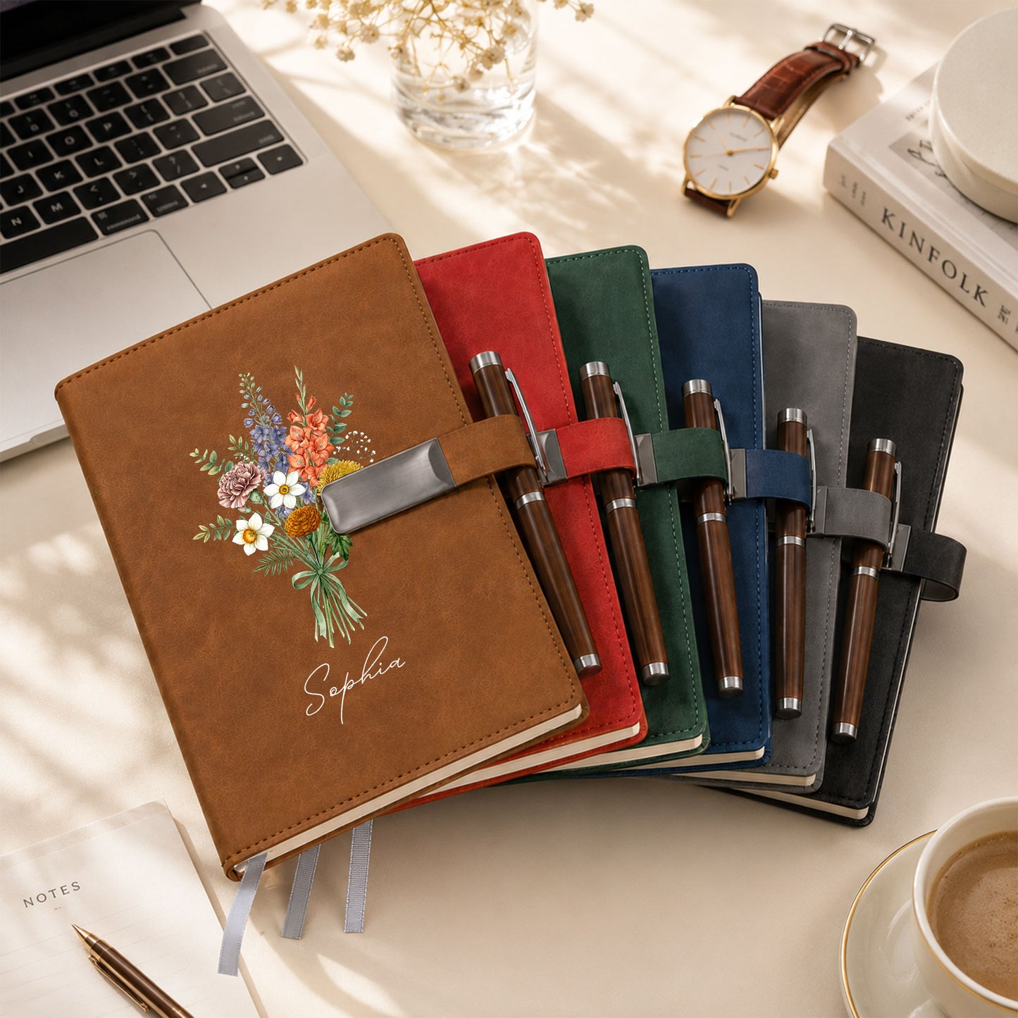Personalized Leather Notebook Set with Custom Name, Floral Journal Gift Set with Pen for Women, Teacher, Student, Office