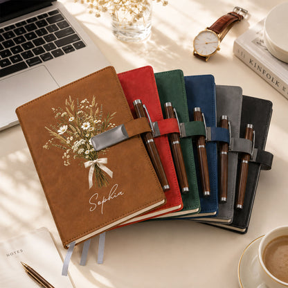 Personalized Leather Notebook Set with Custom Name, Floral Journal Gift Set with Pen for Women, Teacher, Student, Office