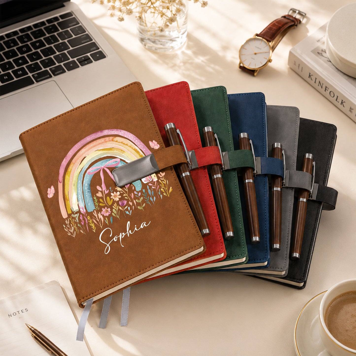 Personalized Leather Notebook Set with Custom Name, Floral Journal Gift Set with Pen for Women, Teacher, Student, Office
