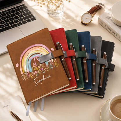 Personalized Leather Notebook Set with Custom Name, Floral Journal Gift Set with Pen for Women, Teacher, Student, Office