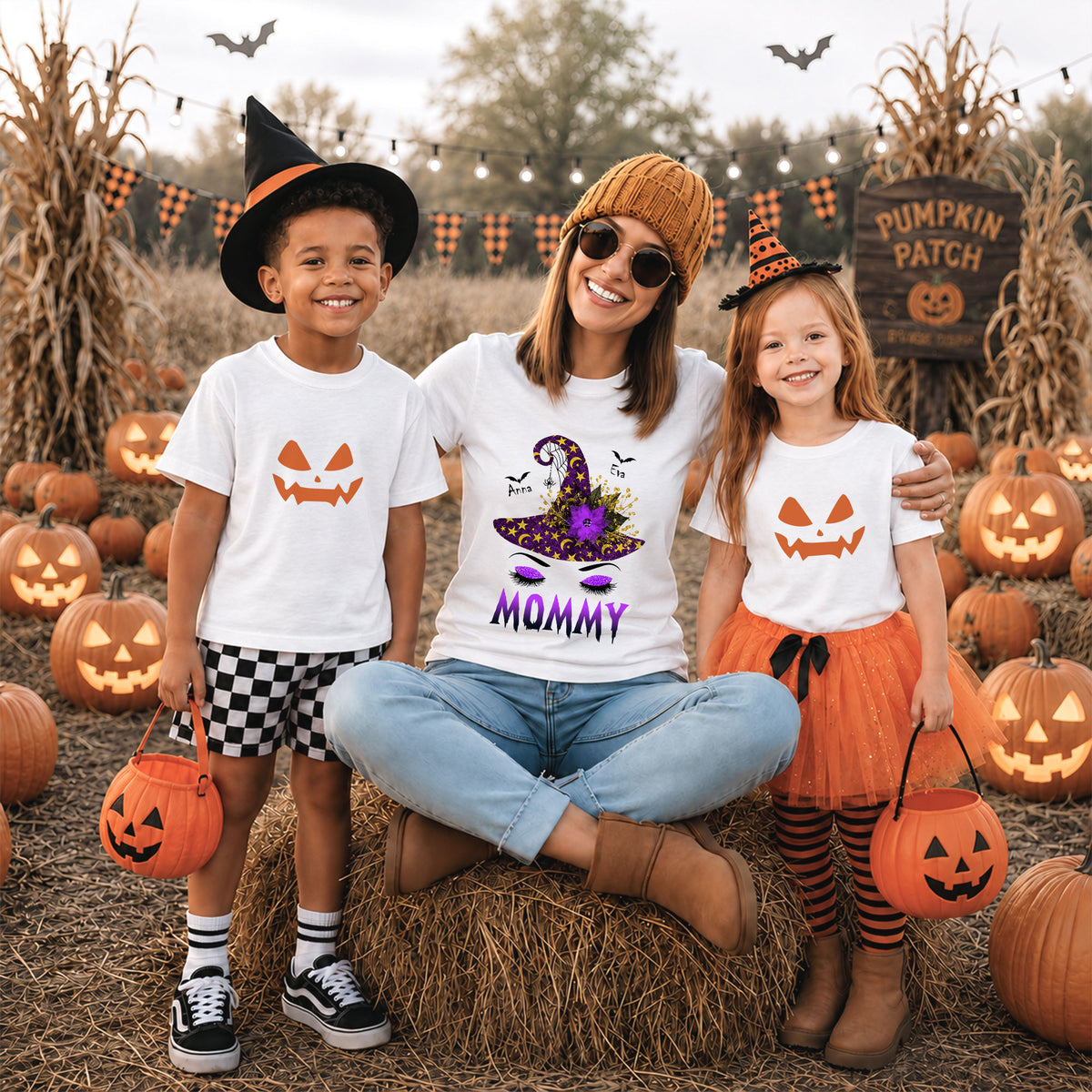 Personalized Grandma Witch Hat Sweatshirt, Custom Grandkids Names Halloween Shirt, Purple Witch Hat Family Gift