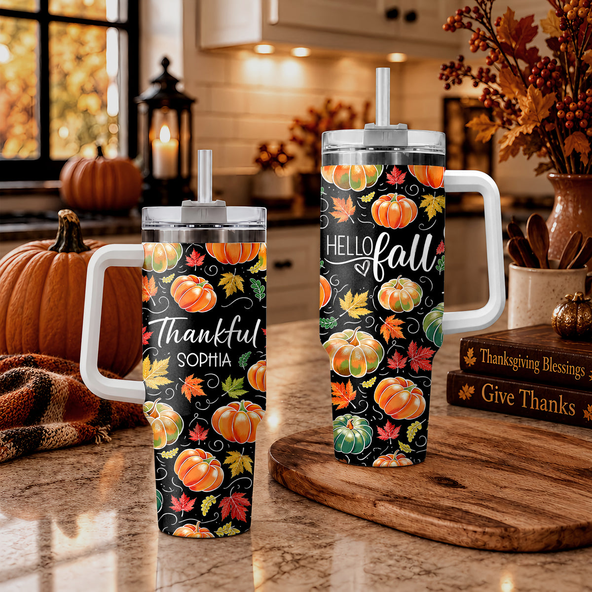Personalized Thanksgiving Tumbler 40oz, Turkey Fall Leaves Gnome, Hello Fall Custom Name Gift For Adult & Friends