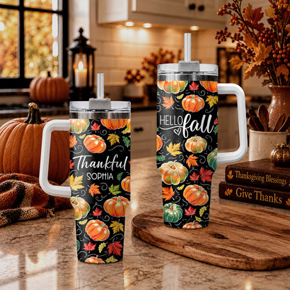 Personalized Thanksgiving Tumbler 40oz, Turkey Fall Leaves Gnome, Hello Fall Custom Name Gift For Adult & Friends