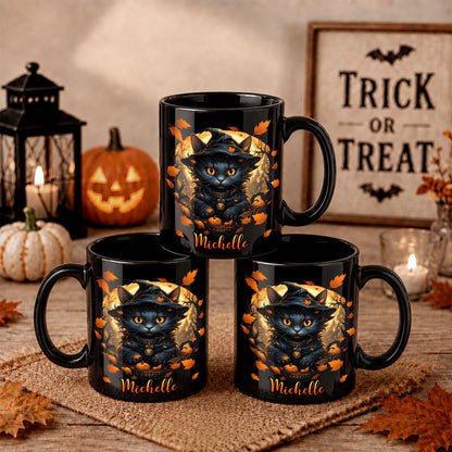 Personalized Halloween Cat Mug, Cute Black Cat Witch Hat Pumpkin Mug, Custom Name Fall Coffee Cup, Halloween Gift for Cat Lovers