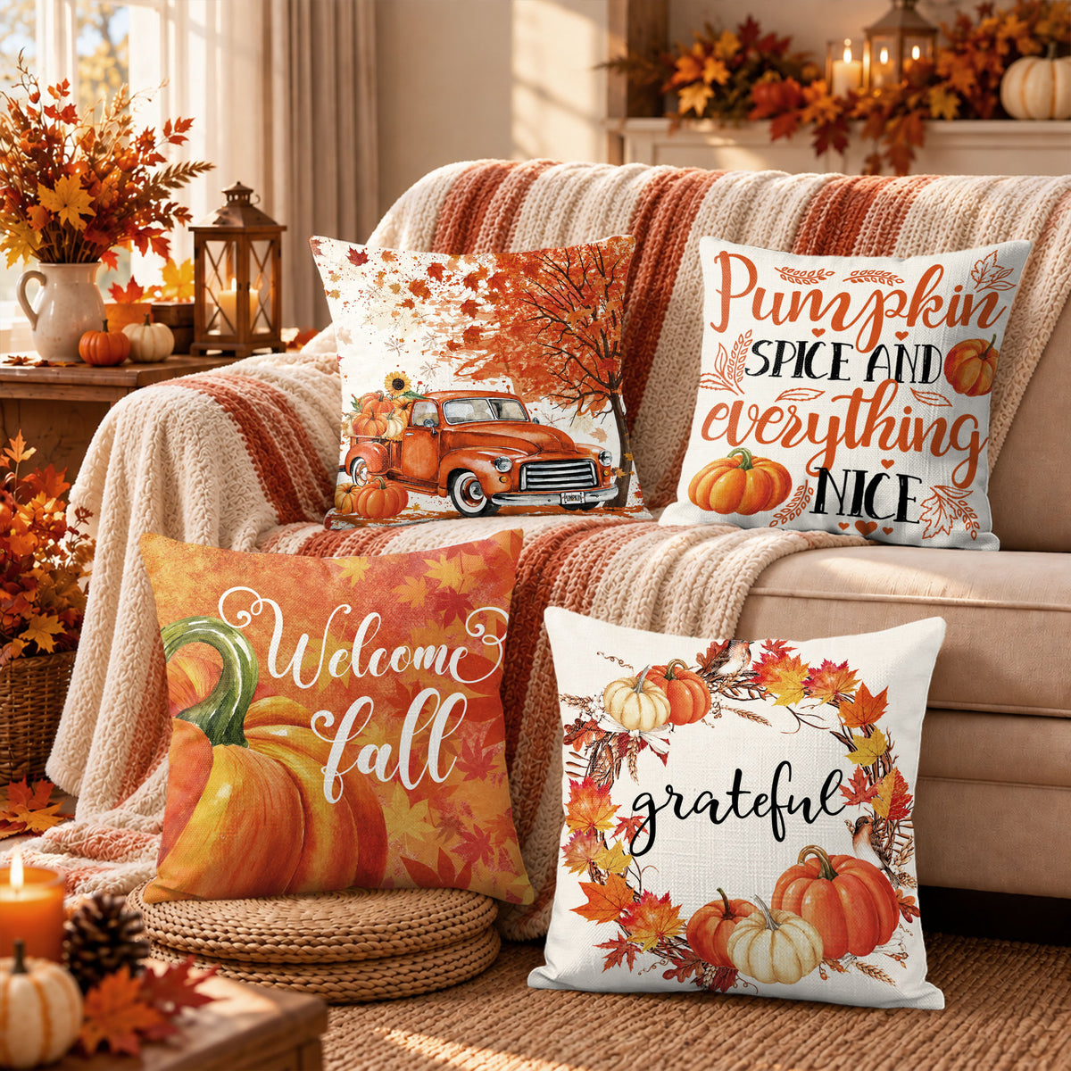 Thanksgiving Fall Decorative Pillow Set of 2 or 4, Harvest Throw Pillows for Home Decor, Gifts for Family