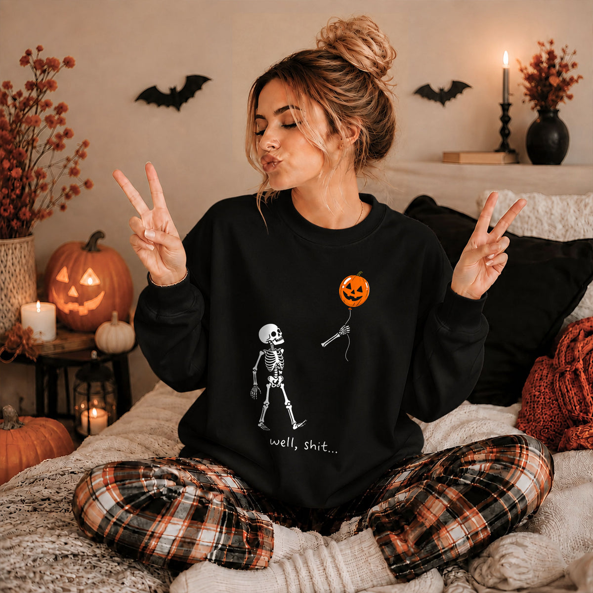 Skeleton Holding Red Balloon Graphic T-Shirt, Funny Halloween Inspired Skeleton Shirt, Spooky Season Casual Tee