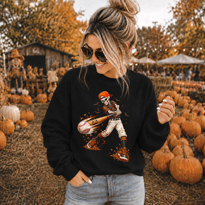 Baseball Skeleton Graphic Halloween Sweatshirt, Spooky Baseball Player Shirt, Funny Halloween Gift