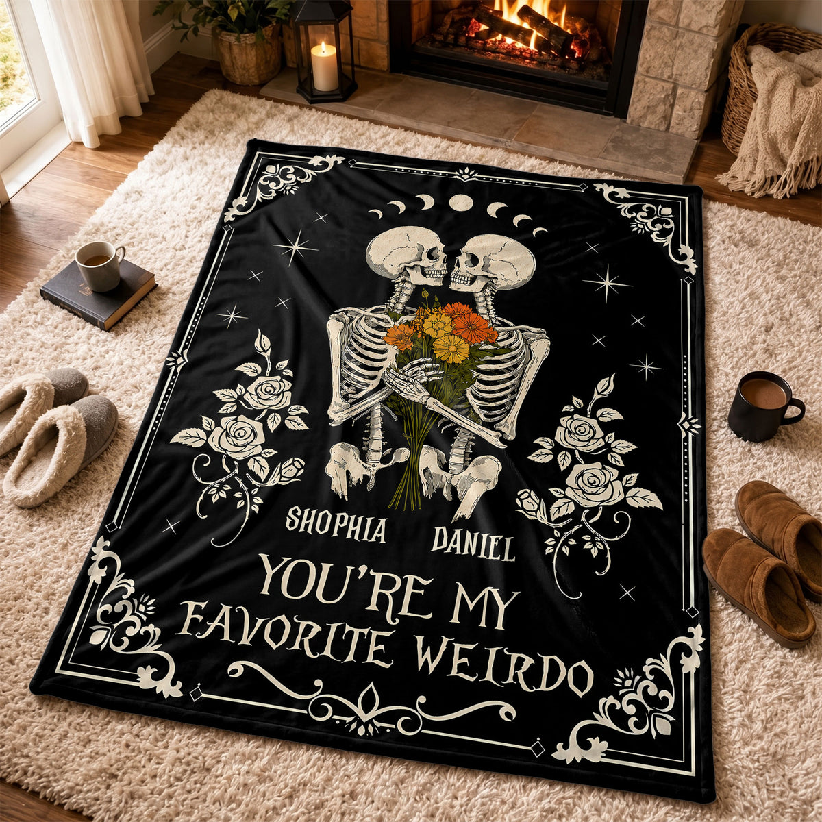 Personalized Skeleton Couple Fleece & Sherpa Blanket, Gothic Blanket with Roses, Halloween Gift for Couples