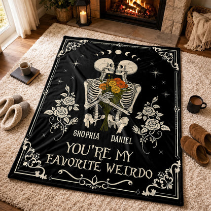 Personalized Skeleton Couple Fleece & Sherpa Blanket, Gothic Blanket with Roses, Halloween Gift for Couples