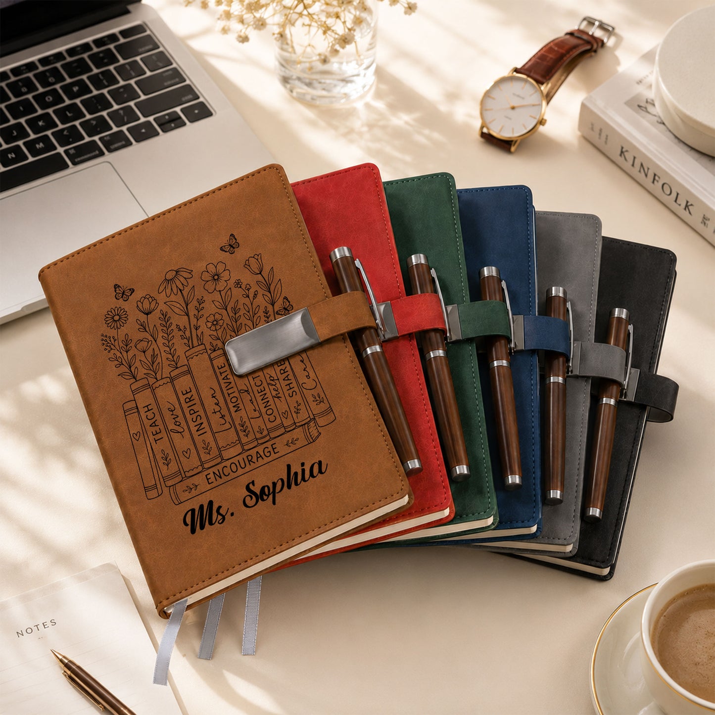 Floral Books Teacher Notebook - Custom Name Leather Notebook  Gift Set - Teacher Appreciation Gift