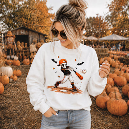 Baseball Skeleton Graphic Halloween Sweatshirt, Spooky Baseball Player Shirt, Funny Halloween Gift