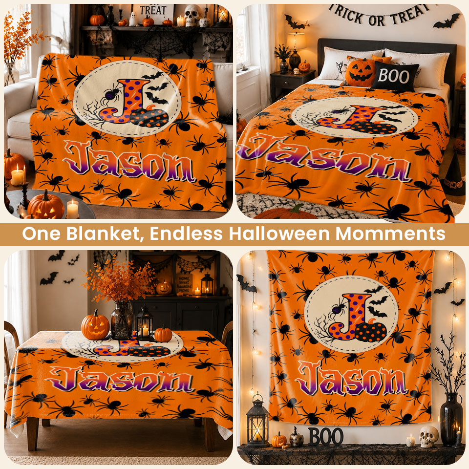 Personalized Halloween Blanket for Kids, Ghost Pumpkin Name Blanket, Fleece & Sherpa Blanket