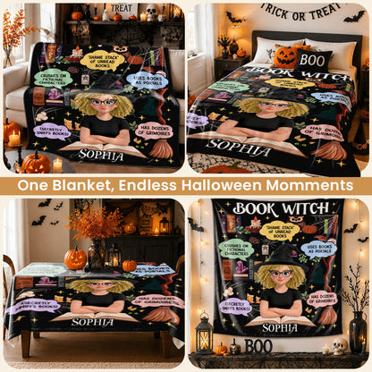Personalized Book Witch Blanket, Custom Name & Character Halloween Reading Blanket for Women and Girls
