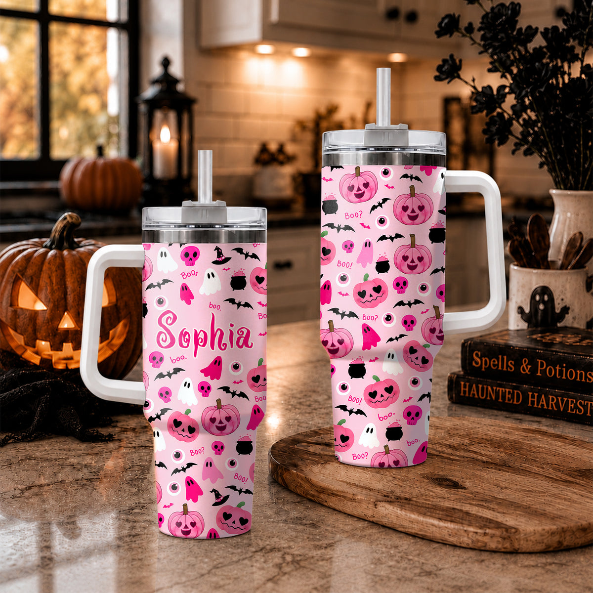 Personalized Halloween Tumbler, 40oz Travel Tumbler with Name, Vintage Spooky Pattern Gift Girls and Boys