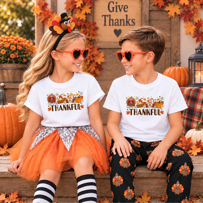 Girls Thanksgiving Shirt, Grateful Thankful Blessed Turkey Pumpkin Bow, Fall Gift for Kids & Women