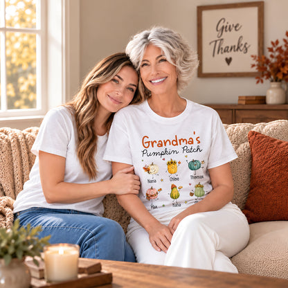 Personalized Grandma’s Pumpkin Patch Shirt & Sweater, Custom Family Names Fall Shirt, Autumn Family Gift