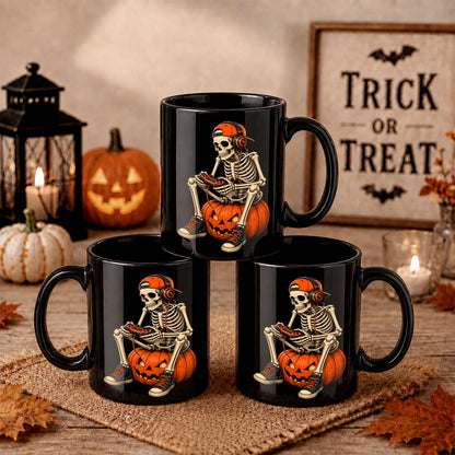 Skeleton Holding Red Balloon Halloween Mug, Funny Spooky Coffee Mug, Halloween Gift