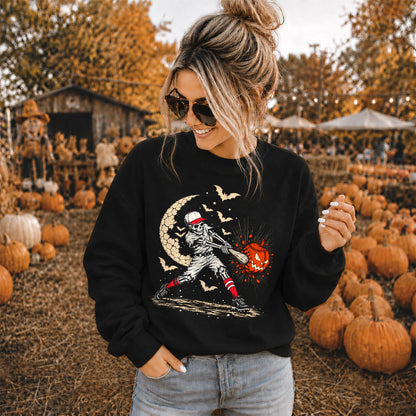 Baseball Skeleton Graphic Halloween Sweatshirt, Spooky Baseball Player Shirt, Funny Halloween Gift