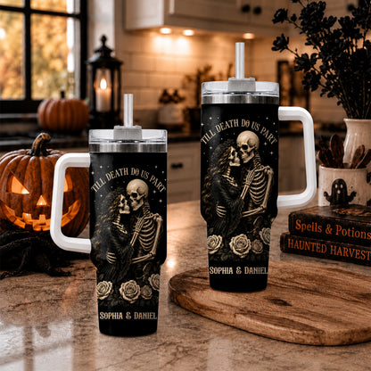 Personalized Skeleton Couple Halloween Tumbler 40oz, Gothic Skeleton with Roses, Halloween Gift for Couples