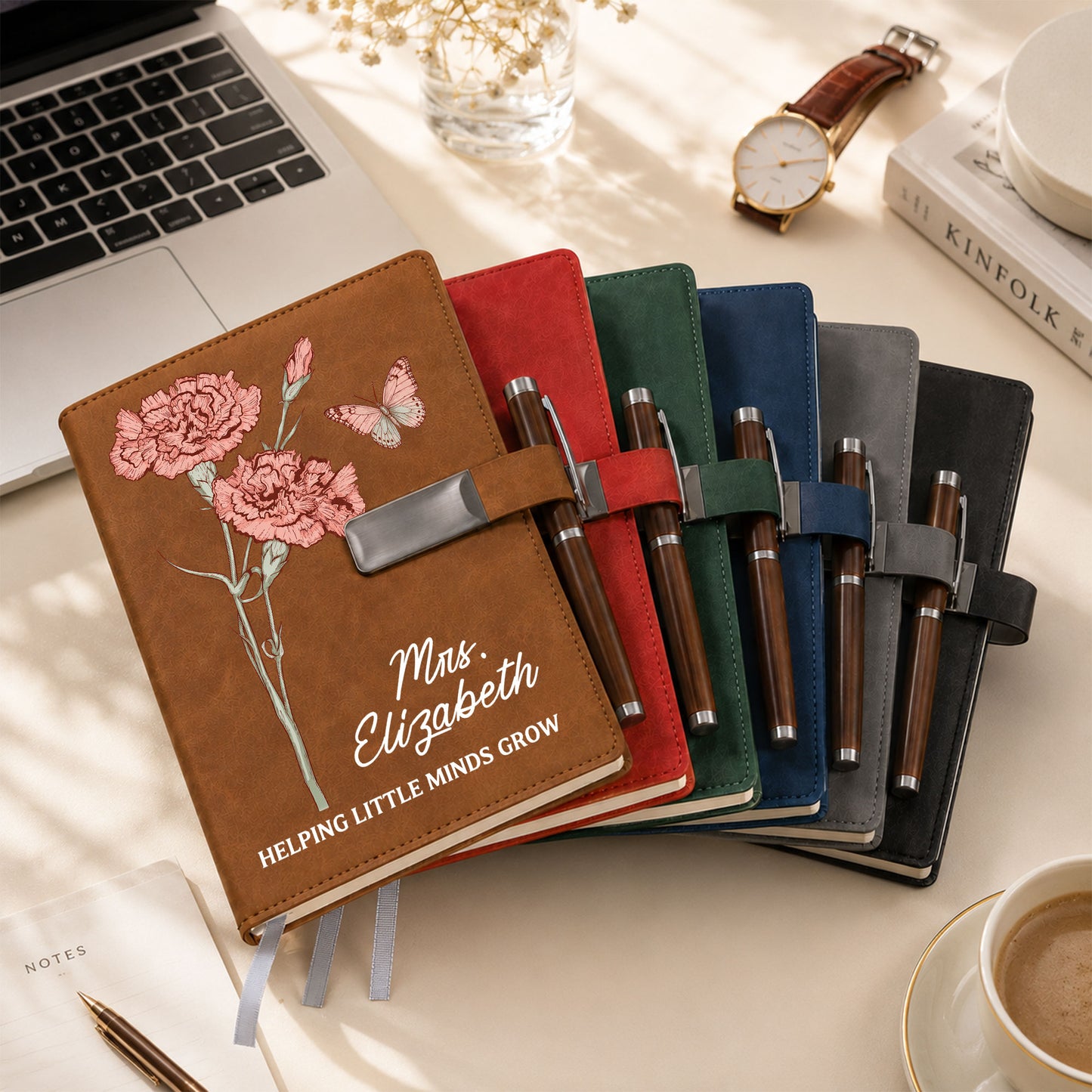 Vintage Birth Month Flower Teacher Journal Book - Custom Name Leather Notebook Gift Set - Teacher Appreciation Gift
