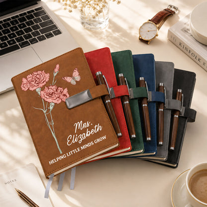 Vintage Birth Month Flower Teacher Journal Book - Custom Name Leather Notebook Gift Set - Teacher Appreciation Gift