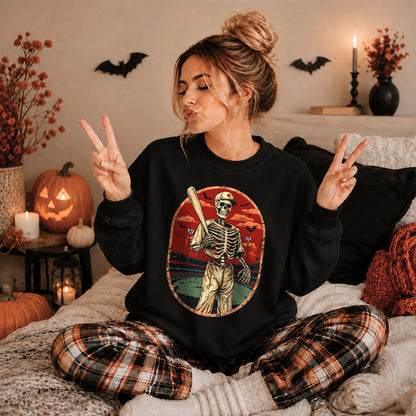 Baseball Skeleton Graphic Halloween Sweatshirt, Spooky Baseball Player Shirt, Funny Halloween Gift
