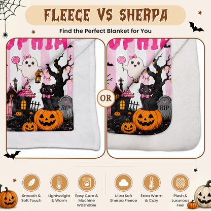 Personalized Halloween Fleece Blanket, Sherpa Blanket, Custom Name Ghost Pumpkin Blanket, Cute Spooky Seasonal Home Decor for Kids
