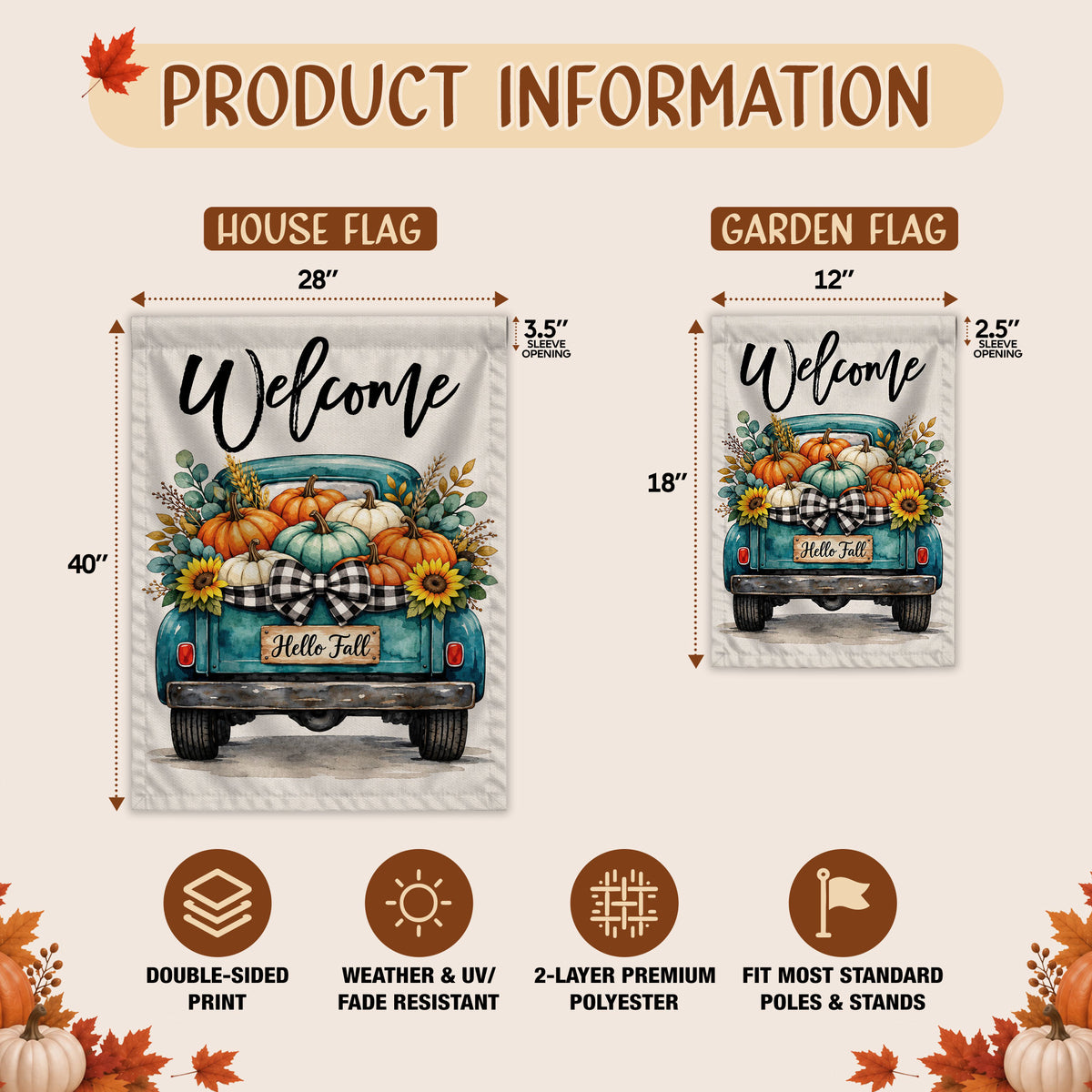 Hello Fall Garden Flag, Welcome Truck Happy Fall Ya'll Floral Pumpkin Outdoor Decor Gift For Family