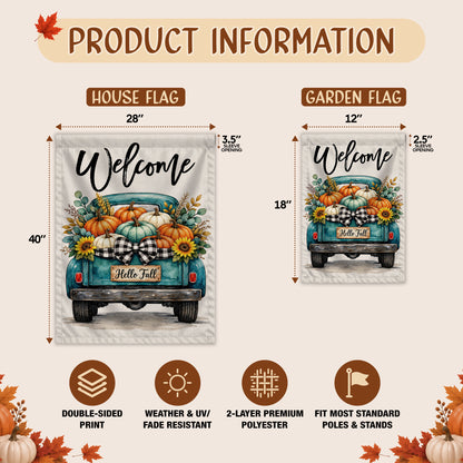Hello Fall Garden Flag, Welcome Truck Happy Fall Ya'll Floral Pumpkin Outdoor Decor Gift For Family