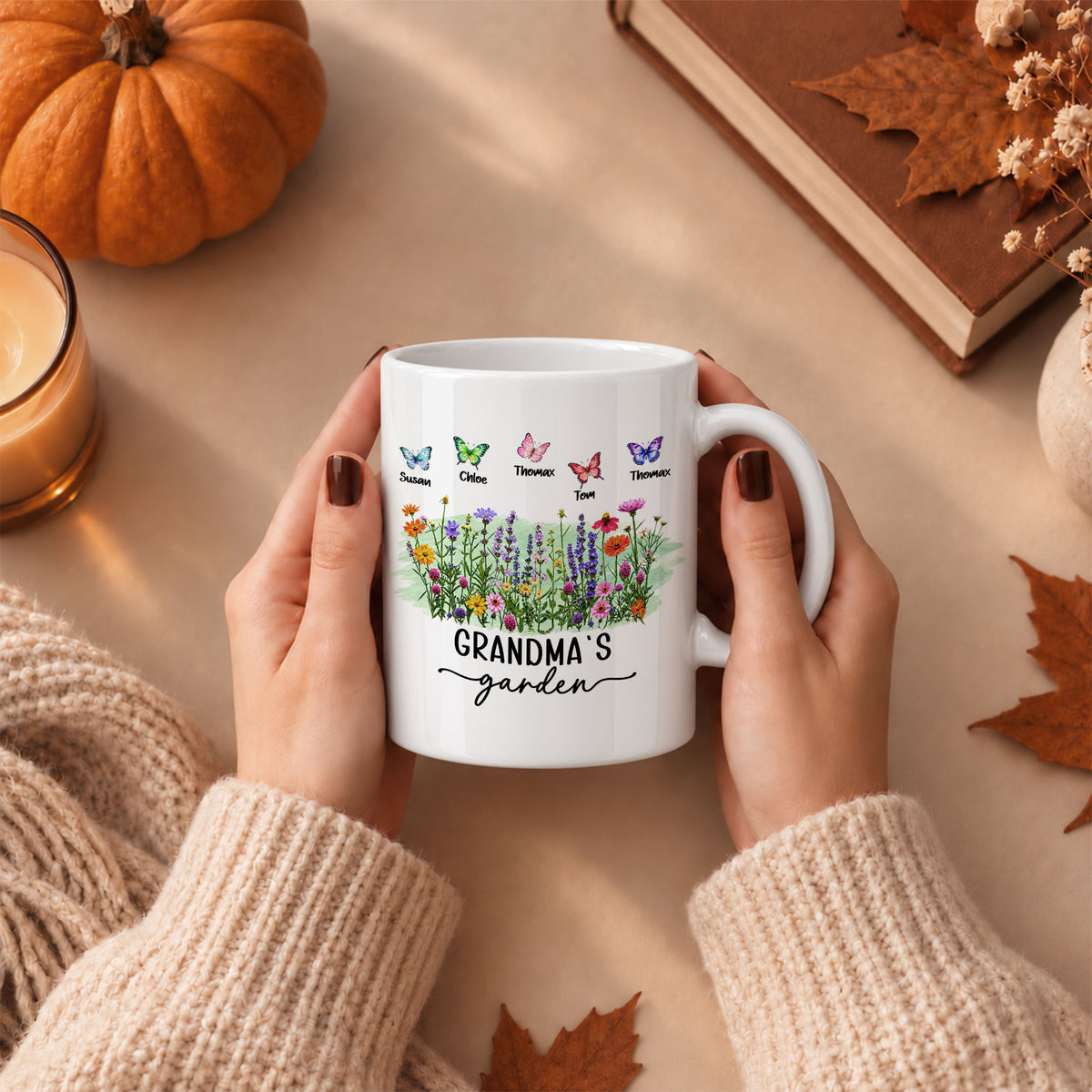 Personalized Grandma’s Garden Mug, Custom Grandkids, Thanksgiving Autumn Gift For Grandma