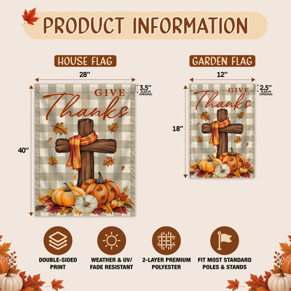 Give Thanks Fall Garden Flag, Rustic Cross Pumpkin Thanksgiving Yard Flag, Autumn Outdoor Decor