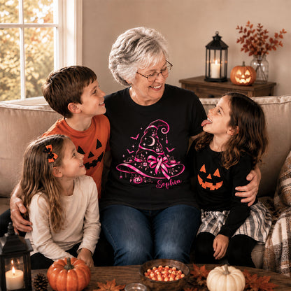 Personalized Halloween Breast Cancer Awareness Shirt for Women, Pink Ribbon Witch Hat Design, Custom Name Family Matching Tee