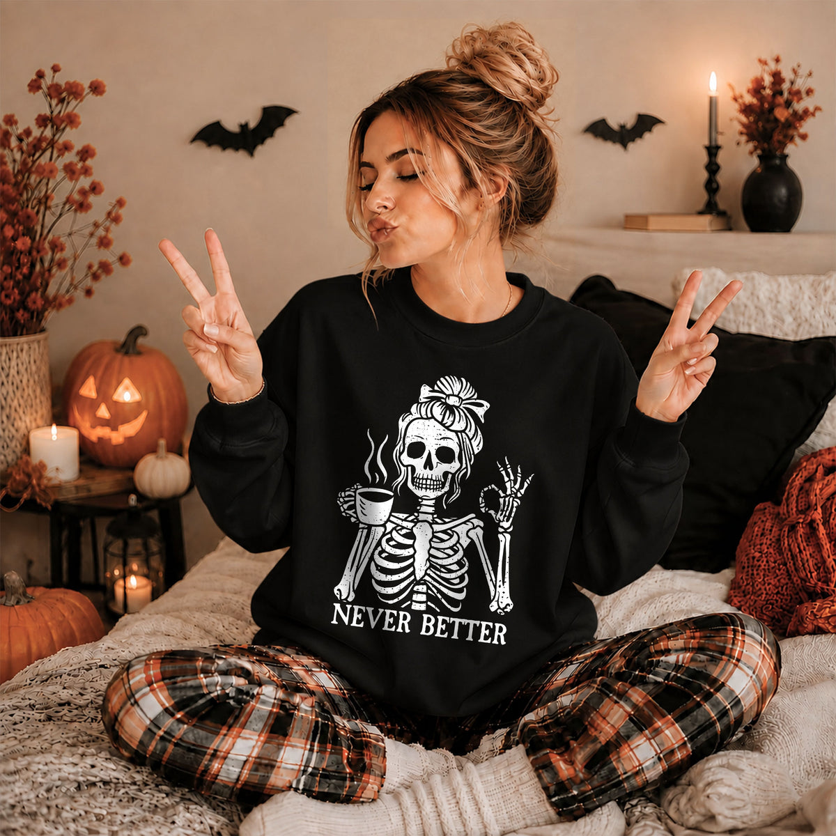 Funny Skeleton Coffee Halloween Sweatshirt, Never Better Graphic, Halloween Gift